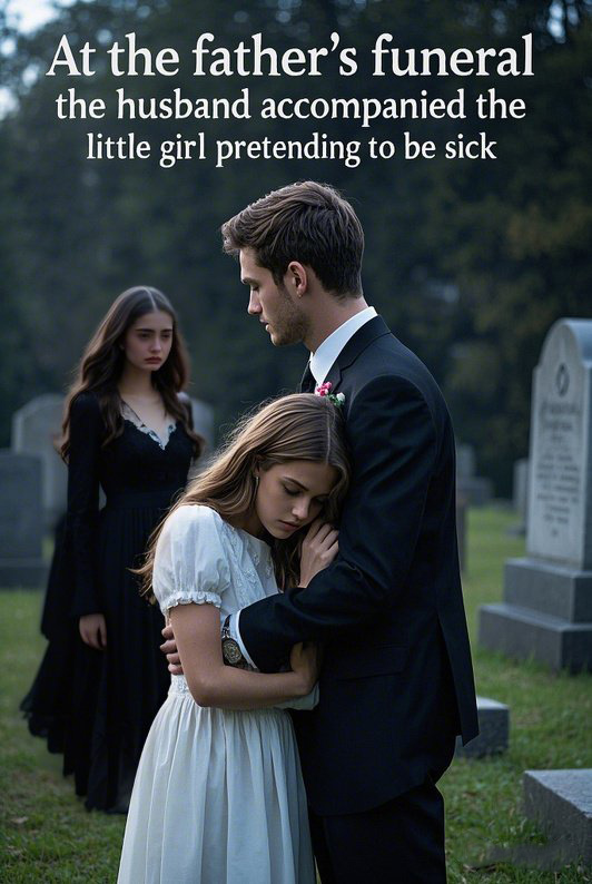 At the father's funeral, the husband accompanied the little girl pretending to be sick